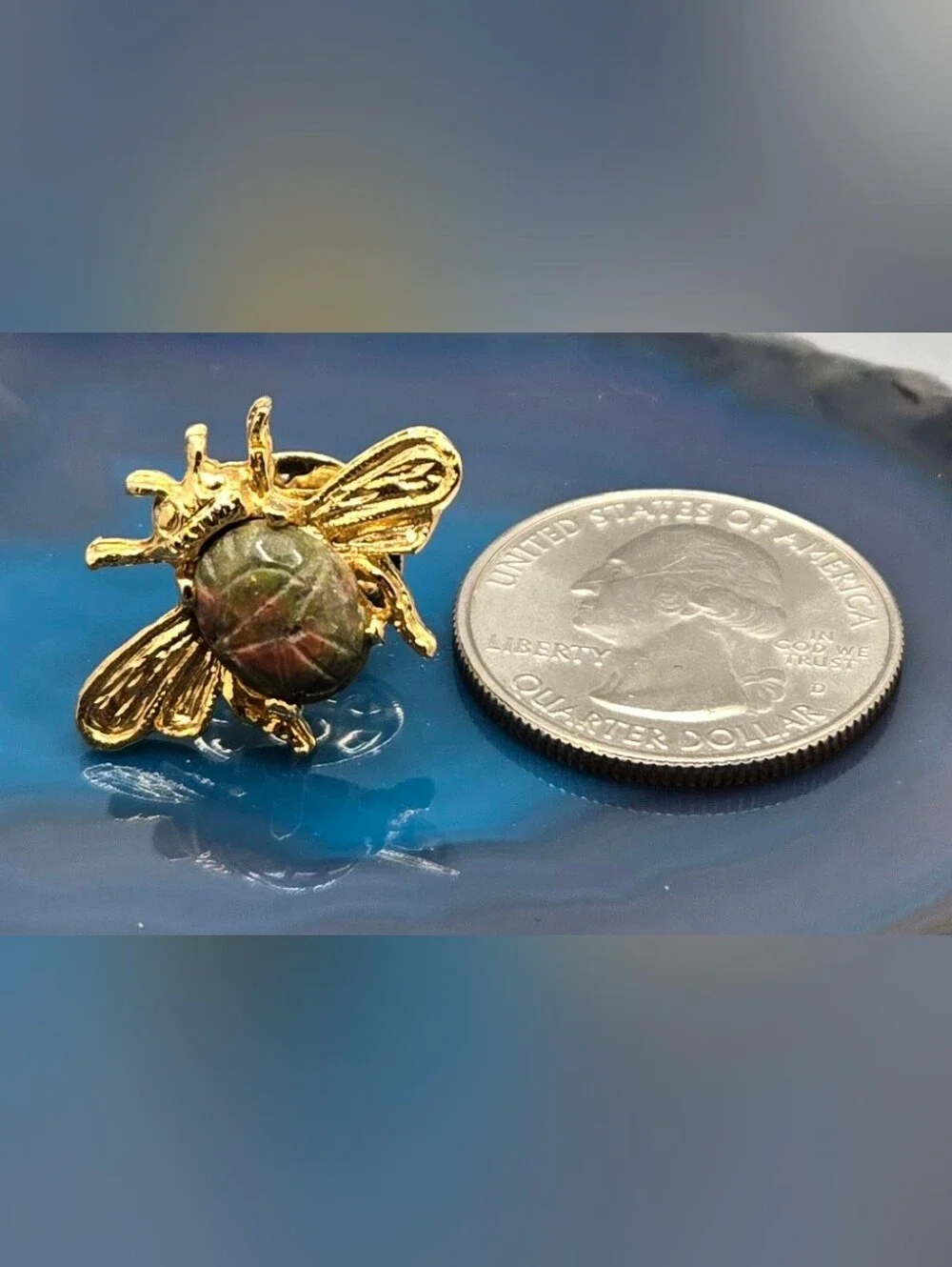 Bee Tack Pin w/ Stone (Unakite) Carved Scarab 1" X ¾" - Picture 2 of 5